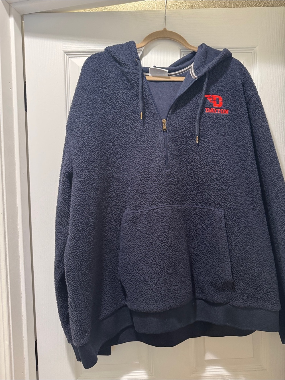 Dayton Navy Sherpa Half-Zip Hoodie with Red Logo